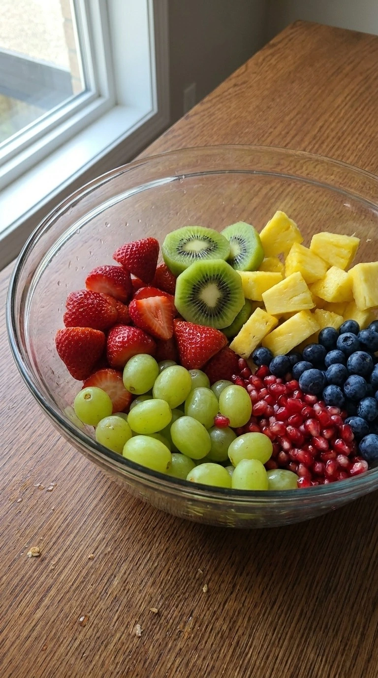 Christmas Fruit Salad fruit mixture combined in a clear bowl Recipe focus: christmas salad.