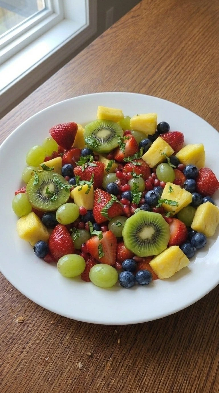 Christmas Fruit Salad plated portion with mint garnish Recipe focus: christmas salad.