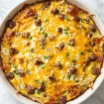 Christmas Morning Breakfast Casserole with golden cheese and hashbrowns in baking dish Recipe focus: breakfast casserole with hashbrowns.