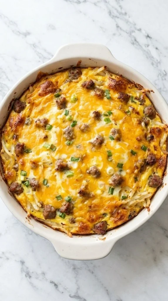 Christmas Morning Breakfast Casserole with golden cheese and hashbrowns in baking dish Recipe focus: breakfast casserole with hashbrowns.