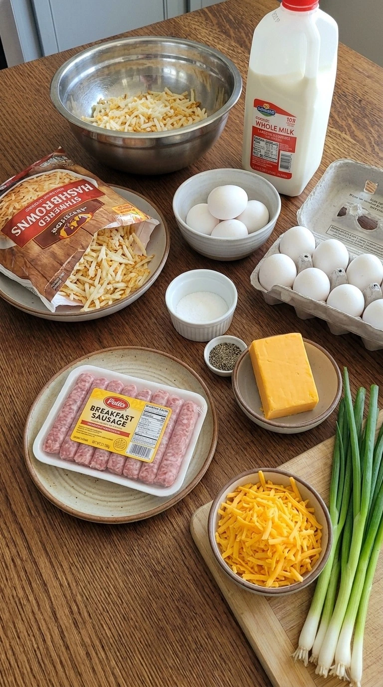 Christmas Morning Breakfast Casserole ingredients with eggs sausage hashbrowns and cheese Recipe focus: tater tot breakfast casserole.