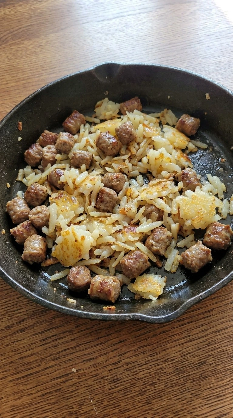 Christmas Morning Breakfast Casserole browning sausage and hashbrowns before baking Recipe focus: overnight breakfast casserole.
