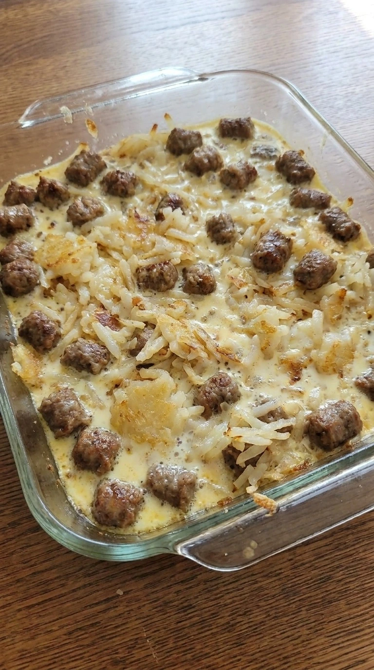 Christmas Morning Breakfast Casserole egg mixture with sausage and hashbrowns layered Recipe focus: breakfast casserole with hashbrowns.