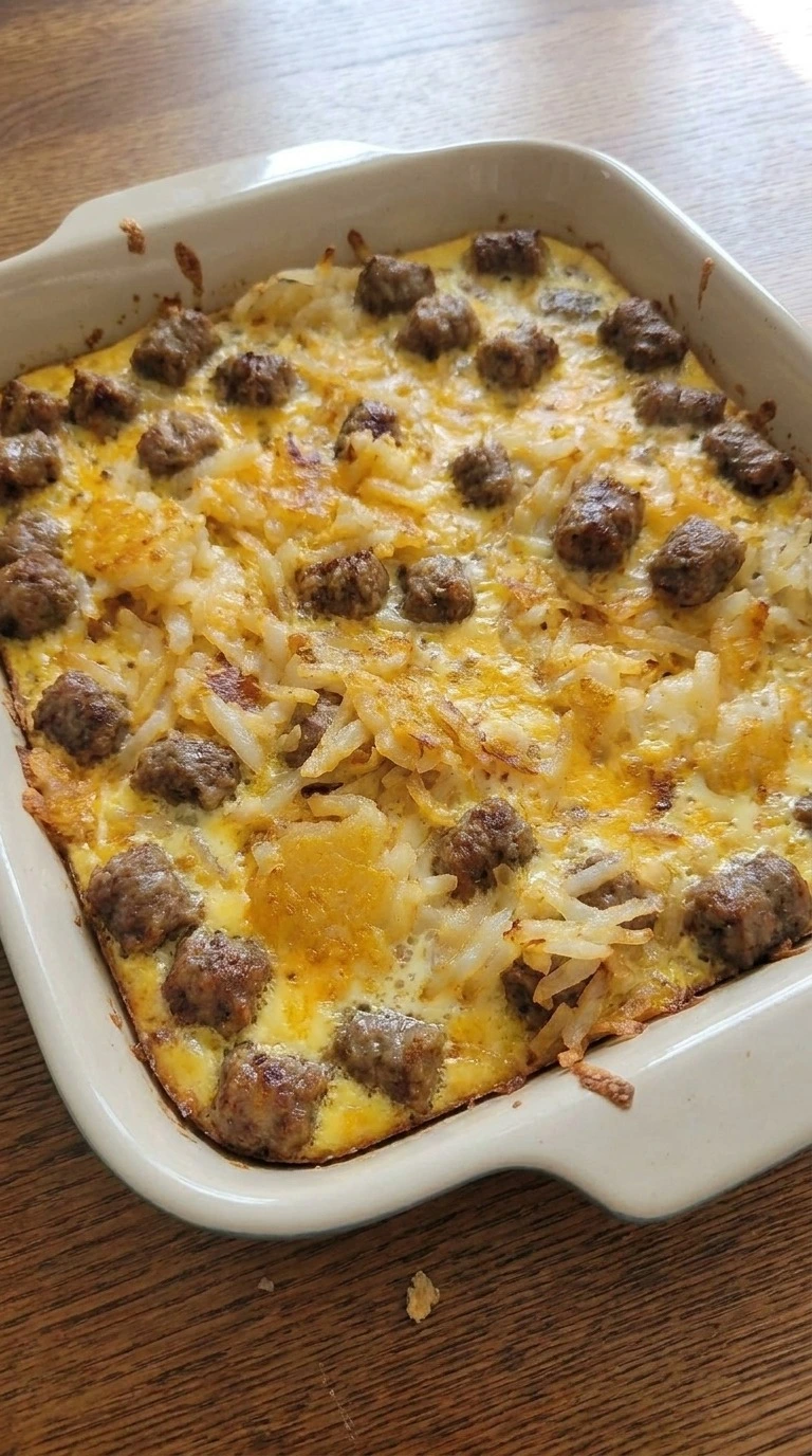 Christmas Morning Breakfast Casserole baking with melted cheddar and golden top Recipe focus: breakfast casserole with hashbrowns.