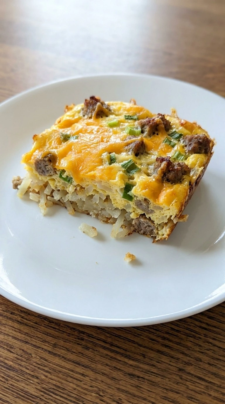 Christmas Morning Breakfast Casserole slice served with cheese egg layers and hashbrowns Recipe focus: easy breakfast casserole.