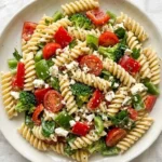 Christmas Pasta Salad with festive penne and colorful vegetables in a bowl Recipe focus: christmas salad.