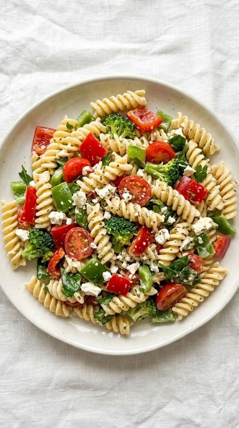 Christmas Pasta Salad with festive penne and colorful vegetables in a bowl Recipe focus: christmas salad.