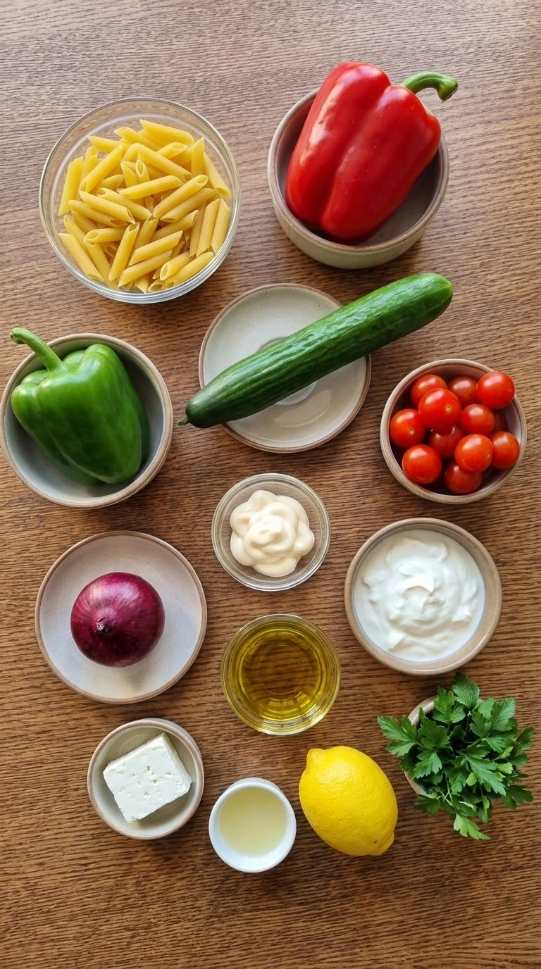 Christmas Pasta Salad ingredients with penne vegetables and dressing components Recipe focus: green christmas salad.