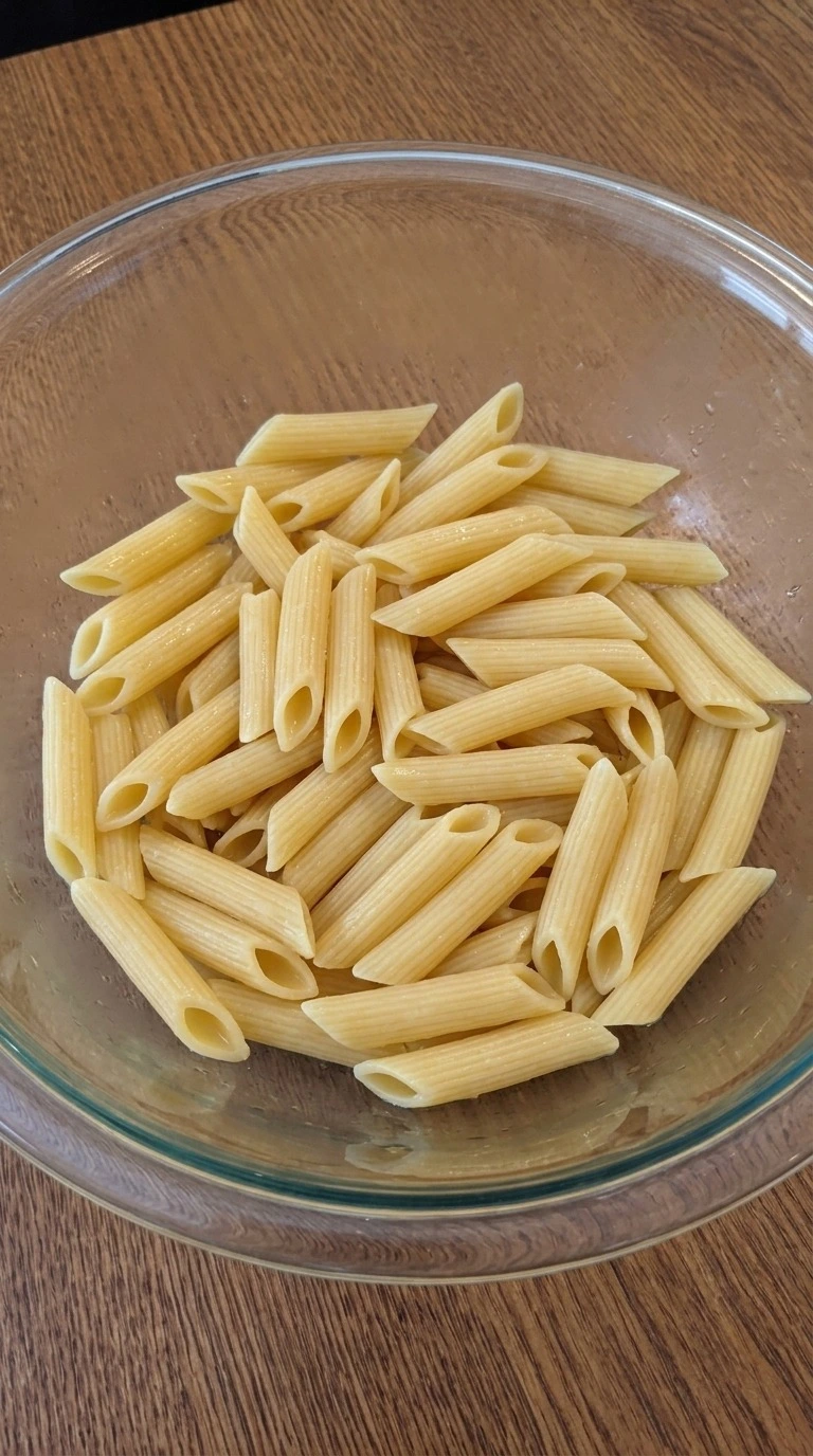 Christmas Pasta Salad penne after cooking and chilling in a glass bowl Recipe focus: green christmas salad.