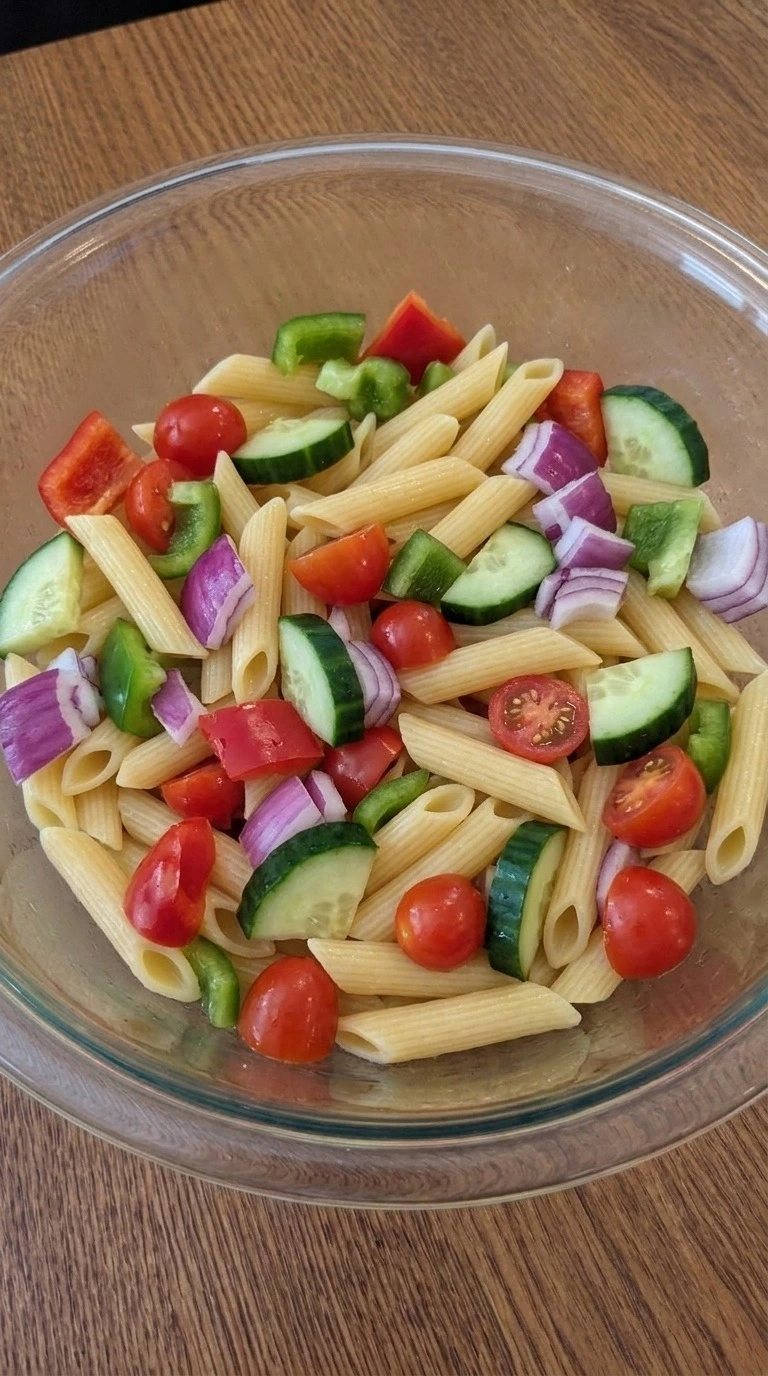 Christmas Pasta Salad vegetables folded with penne in a bowl Recipe focus: christmas salad.
