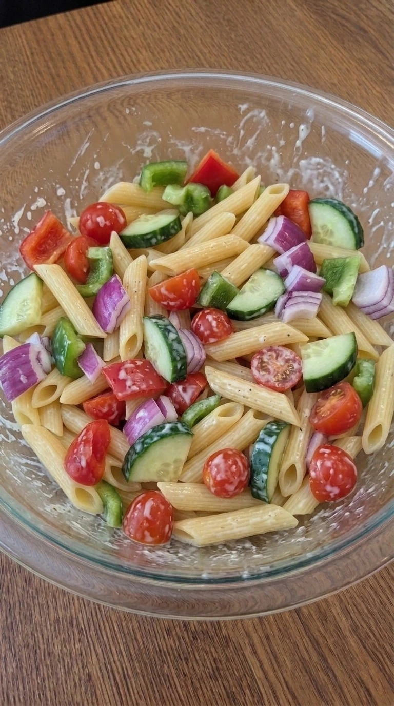Christmas Pasta Salad creamy dressing coating penne and vegetables Recipe focus: green christmas salad.