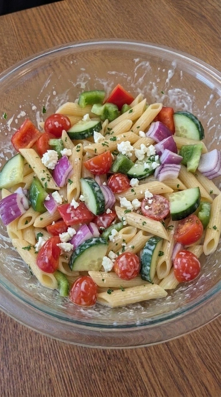 Christmas Pasta Salad finished mixture with feta and colorful vegetables Recipe focus: christmas salad.