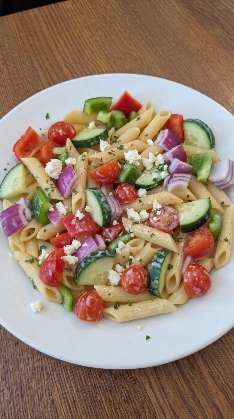 Christmas Pasta Salad single serving on a white plate with vegetables Recipe focus: green christmas salad.