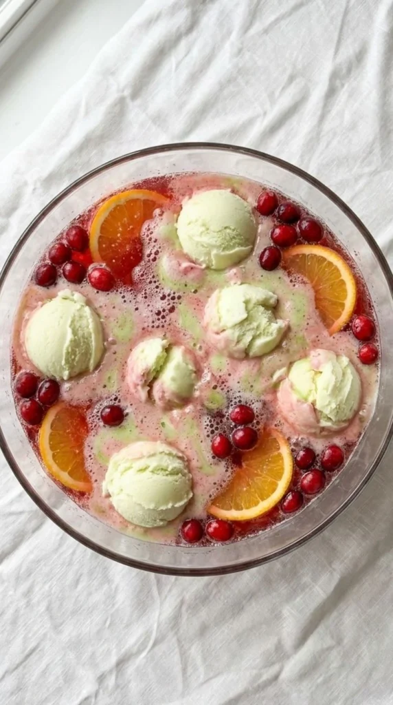 Christmas Sherbet Punch in a clear bowl with melting sherbet swirls and cranberry color Recipe focus: christmas punch with sherbet.