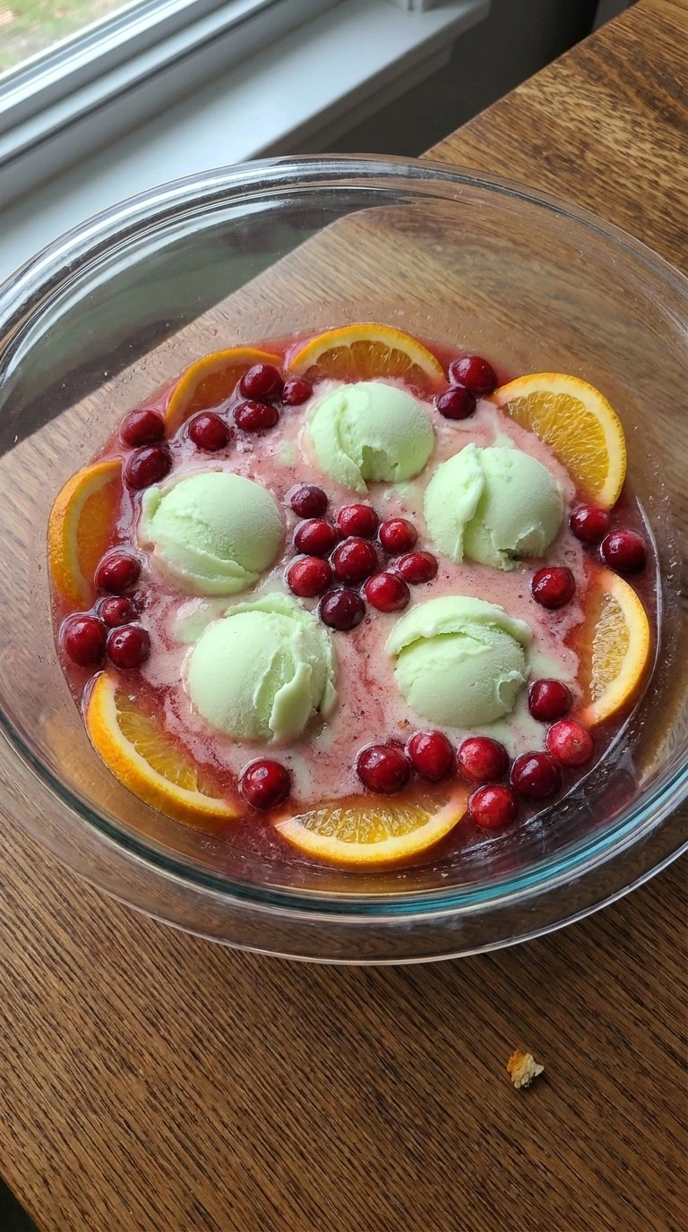 Christmas Sherbet Punch finished with orange slices cranberries and melting sherbet Recipe focus: christmas punch non alcoholic.