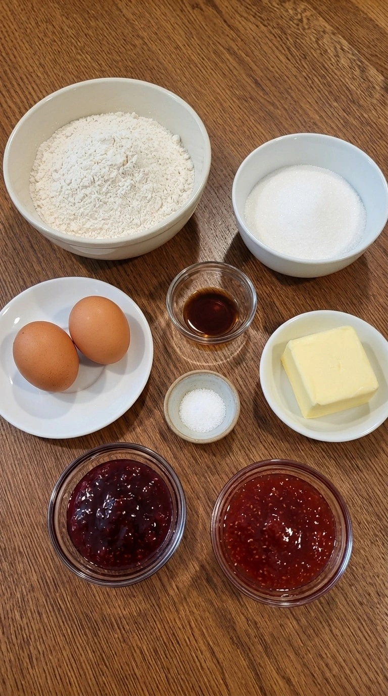 Christmas Thumbprint Cookies ingredients including butter, flour, sugar, eggs, vanilla and two red fruit jams Recipe focus: christmas cookies sugar cookie.