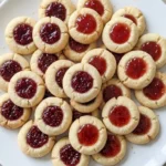 Christmas Thumbprint Cookies with buttery golden edges and red raspberry and strawberry jam centers on a white plate Recipe focus: christmas cookies.