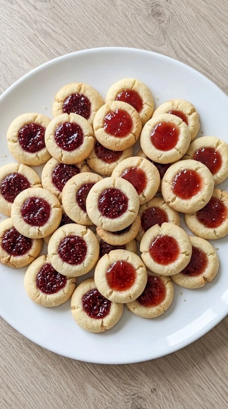 Christmas Thumbprint Cookies with buttery golden edges and red raspberry and strawberry jam centers on a white plate Recipe focus: christmas cookies.