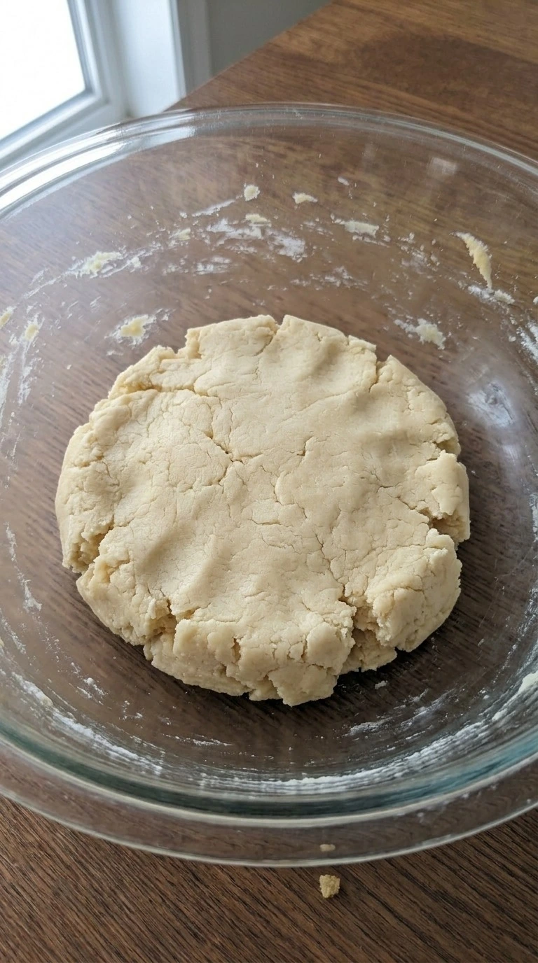 Christmas Thumbprint Cookies chilled buttery dough gathered into a thick disk inside a glass bowl Recipe focus: christmas cookies.