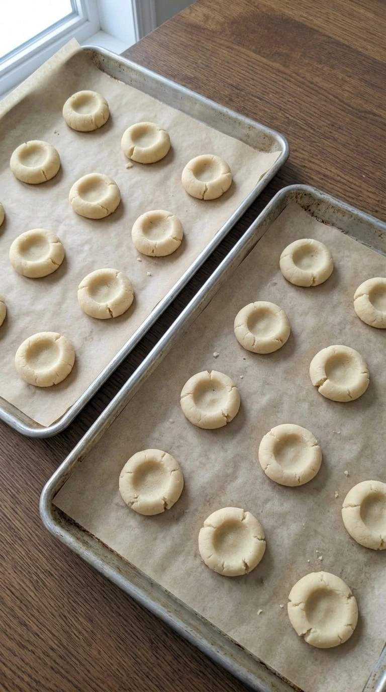 Christmas Thumbprint Cookies raw dough balls with pressed center wells on parchment-lined baking sheets Recipe focus: easy christmas cookies simple.