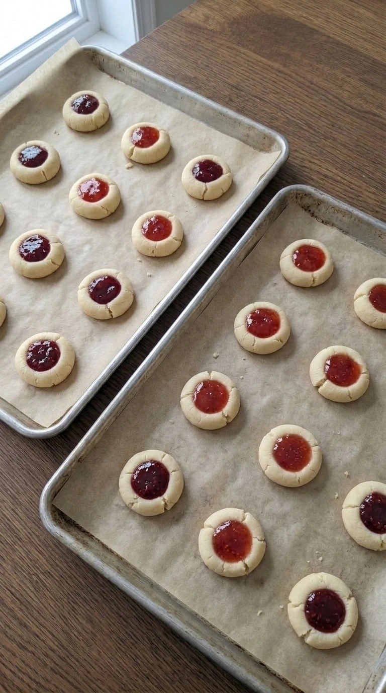 Christmas Thumbprint Cookies unbaked rounds filled with glossy raspberry and strawberry jam Recipe focus: christmas cookies easy.