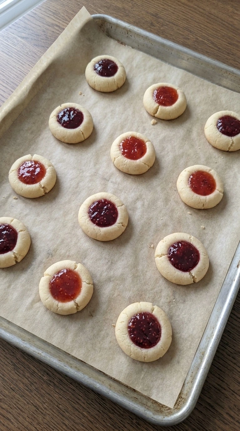 Christmas Thumbprint Cookies baked until pale golden with glossy red jam centers Recipe focus: christmas cookies sugar cookie.
