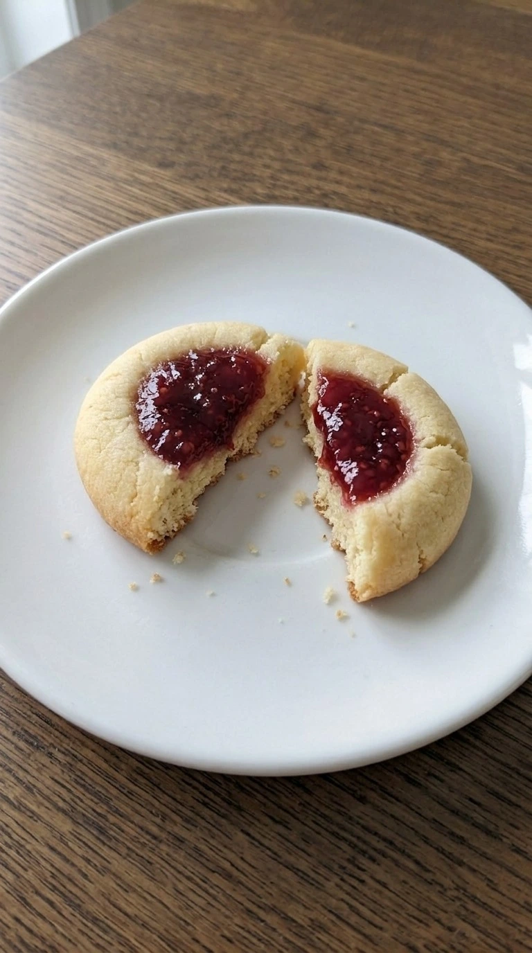 Christmas Thumbprint Cookies single broken cookie showing tender buttery crumb and thick raspberry jam filling Recipe focus: gluten free christmas cookies.