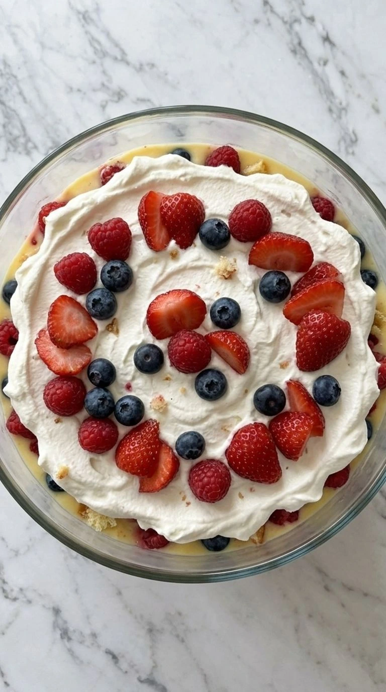 Christmas Trifle with layered cake custard cream and berries in serving dish Recipe focus: christmas trifle easy.