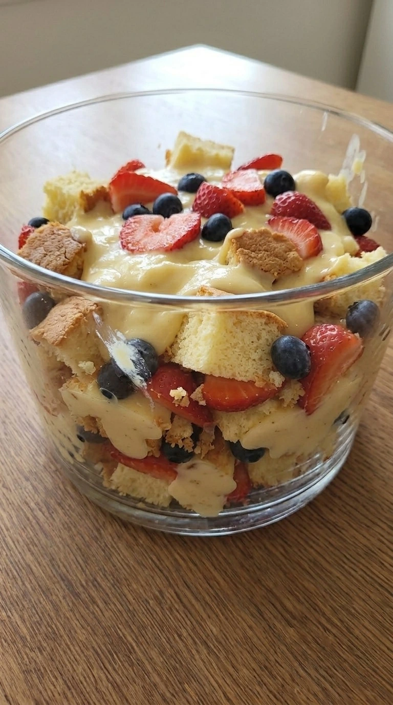 Christmas Trifle layered cake custard strawberries and blueberries Recipe focus: christmas trifle holidays.
