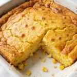 Corn Casserole with Jiffy Mix baked golden in a square dish with one portion removed to show the creamy corn Recipe focus: easy corn casserole with jiffy mix.