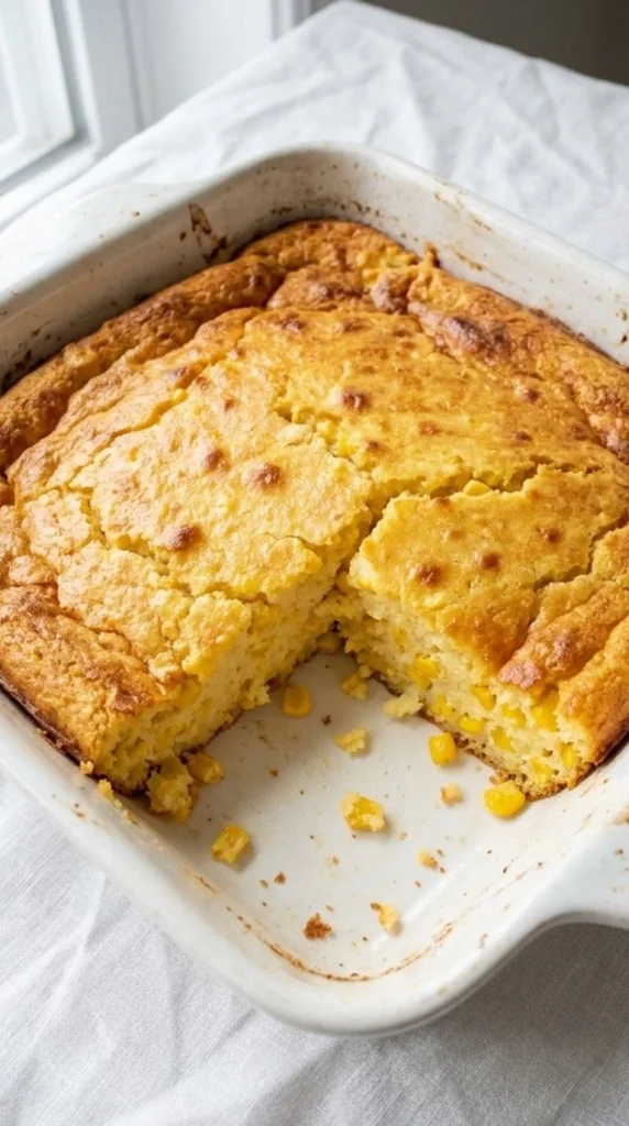 Corn Casserole with Jiffy Mix baked golden in a square dish with one portion removed to show the creamy corn Recipe focus: easy corn casserole with jiffy mix.