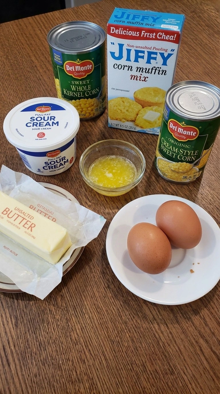 Corn Casserole with Jiffy Mix ingredients including corn muffin mix, canned corn, sour cream, butter Recipe focus: thanksgiving corn casserole with jiffy mix.