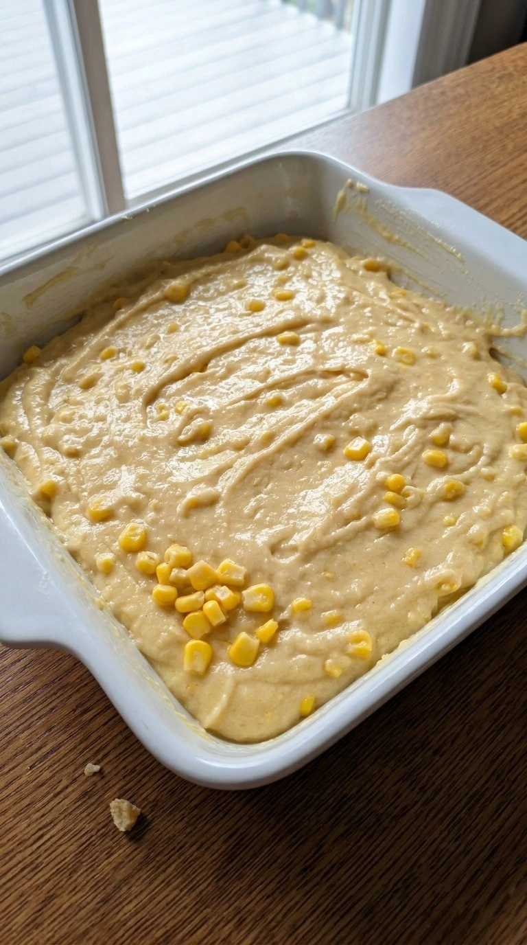 Corn Casserole with Jiffy Mix batter spread inside a square baking dish before baking. Recipe focus: thanksgiving corn casserole with jiffy mix.