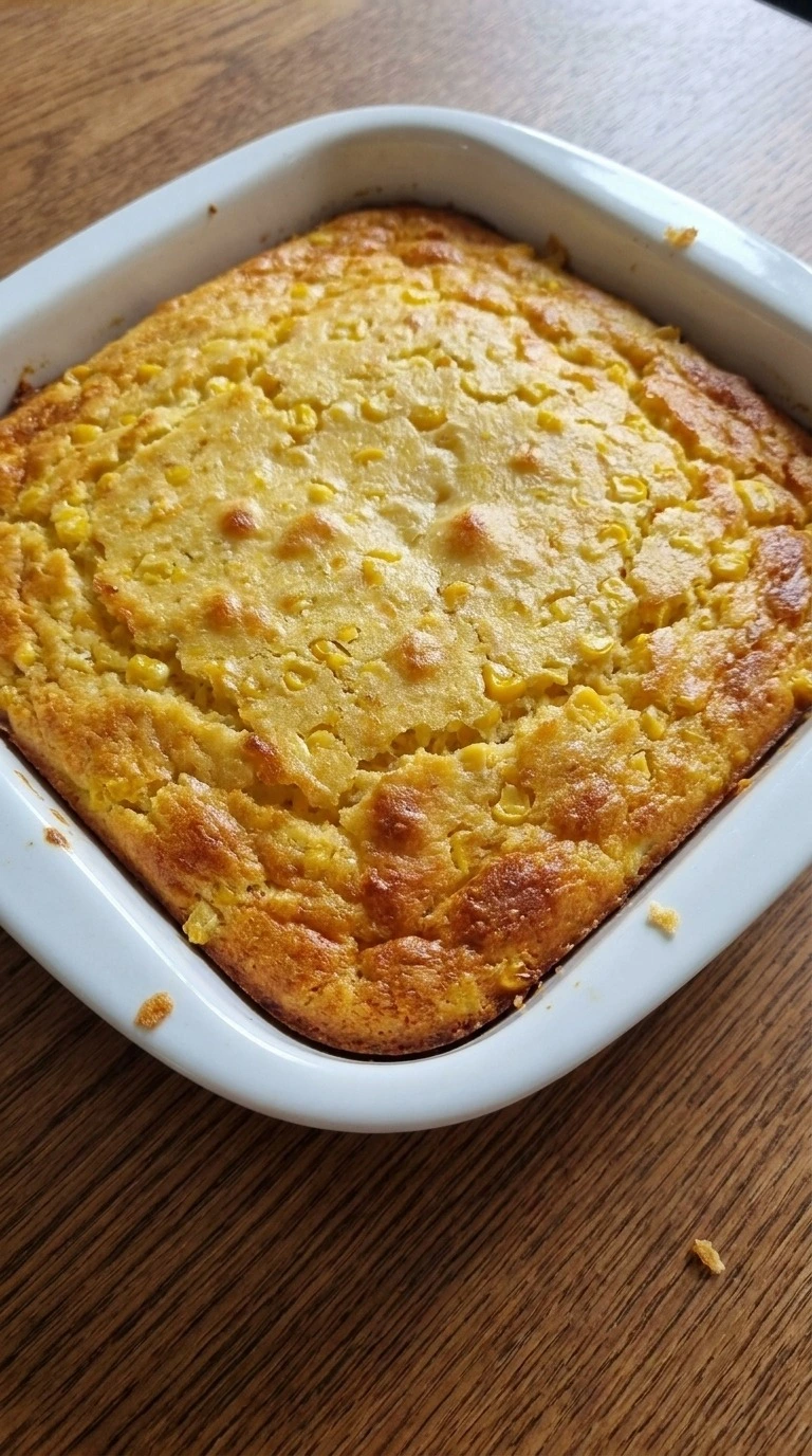 Corn Casserole with Jiffy Mix baked until golden with irregular toasted edges and visible sweet corn kernels. Recipe focus: easy corn casserole with jiffy mix.