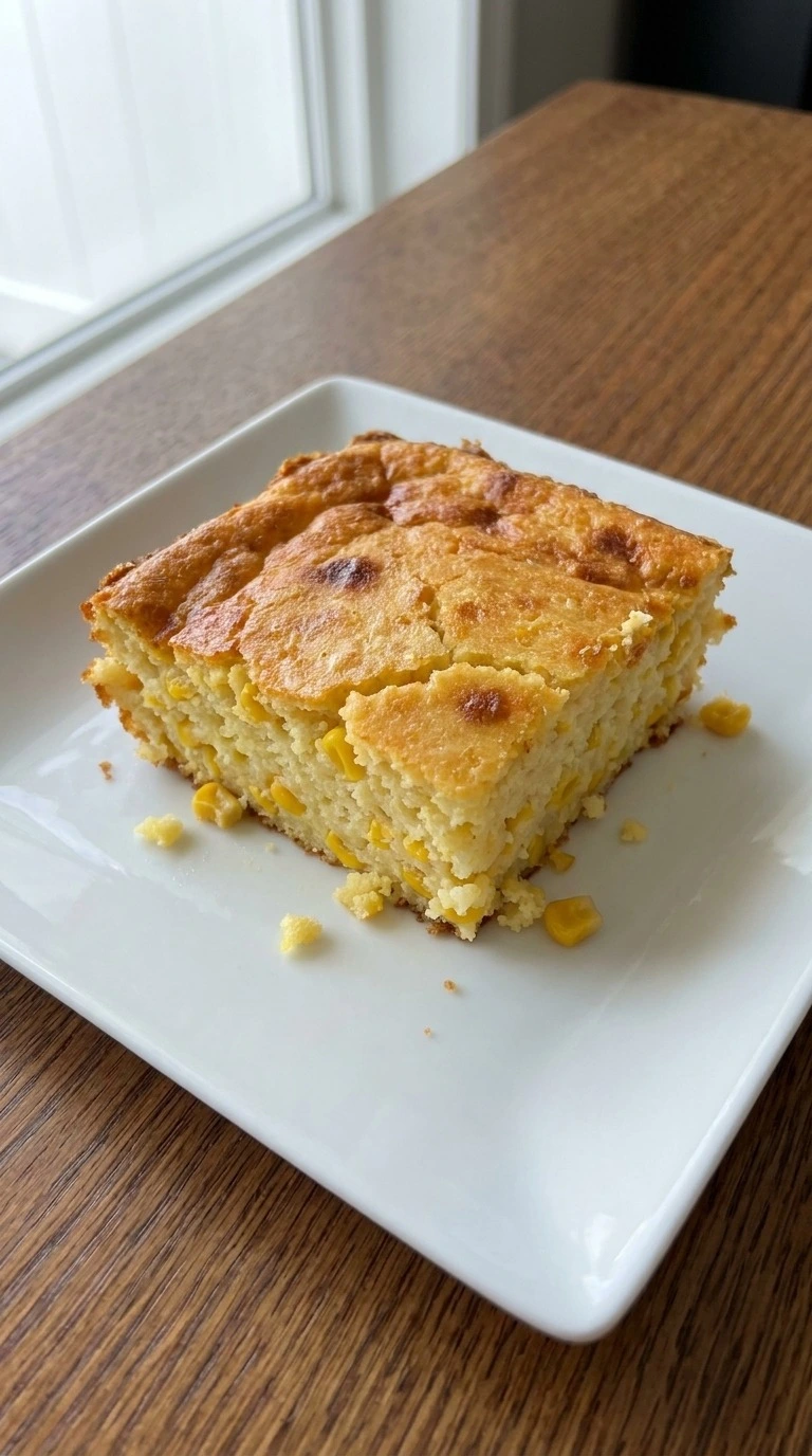 Corn Casserole with Jiffy Mix served as a warm square with golden crust and creamy corn-filled interior. Recipe focus: easy corn casserole with jiffy mix.