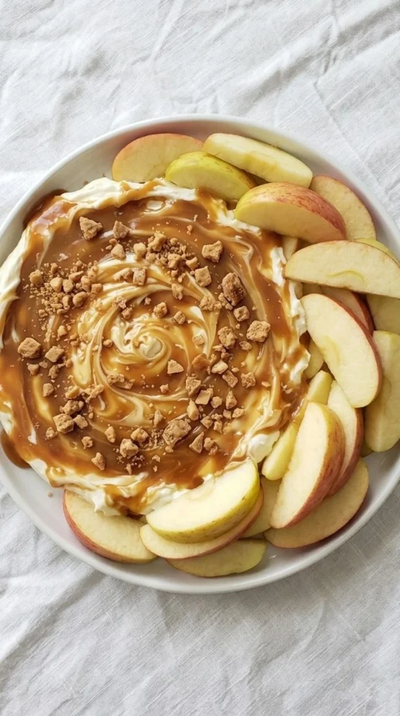 Cream Cheese Caramel Apple Dip with caramel swirls and apple slices ready to serve Recipe focus: caramel apple cheesecake dip.