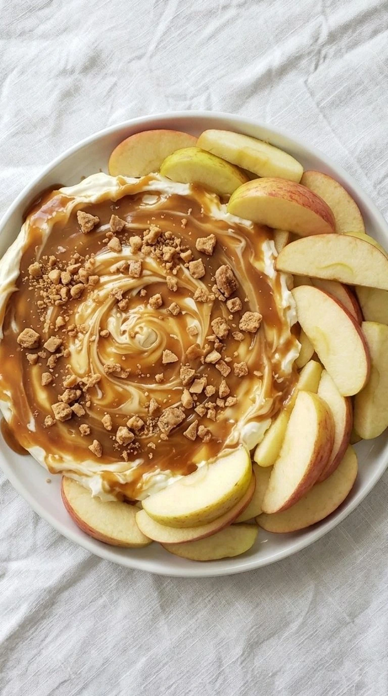 Cream Cheese Caramel Apple Dip with caramel swirls and apple slices ready to serve Recipe focus: caramel apple cheesecake dip.