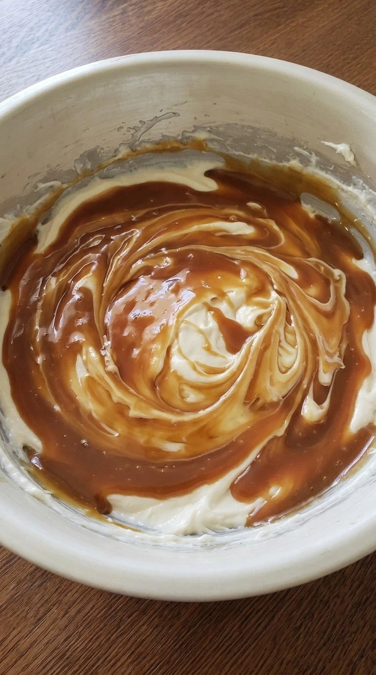 Cream Cheese Caramel Apple Dip with glossy caramel swirled over cream layer Recipe focus: caramel apple cheesecake dip.