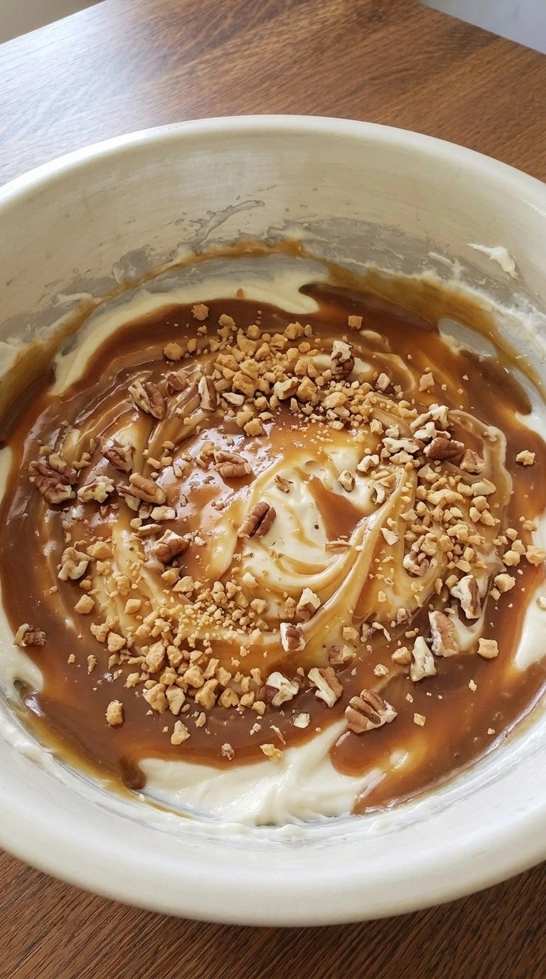 Cream Cheese Caramel Apple Dip topped with toffee bits and chopped pecans Recipe focus: caramel apple cheesecake dip.