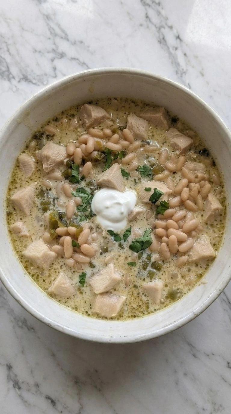 Creamy White Chicken Chili in a bowl with tender chicken and creamy broth Recipe focus: crockpot white chicken chili.