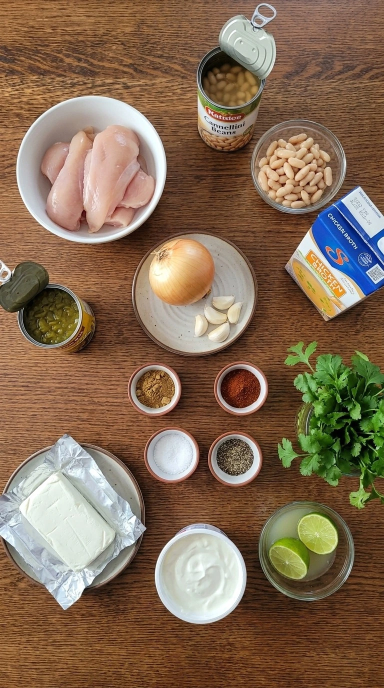 Creamy White Chicken Chili ingredients with chicken beans and spices arranged separately Recipe focus: white chicken chili easy.