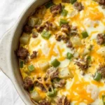 Crockpot Breakfast Casserole with golden cheese and hashbrowns in serving dish Recipe focus: breakfast casserole with hashbrowns.