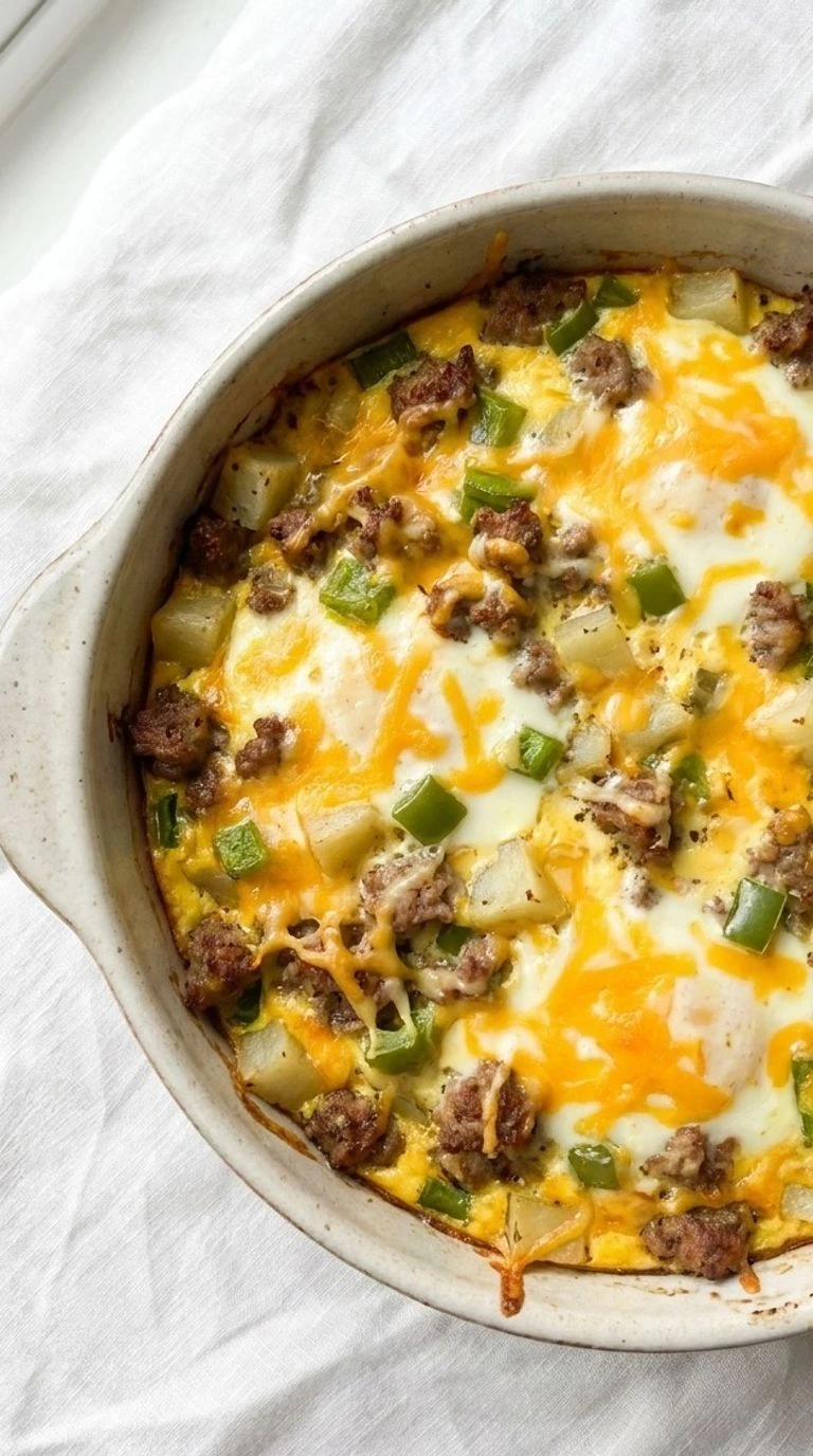Crockpot Breakfast Casserole with golden cheese and hashbrowns in serving dish Recipe focus: breakfast casserole with hashbrowns.