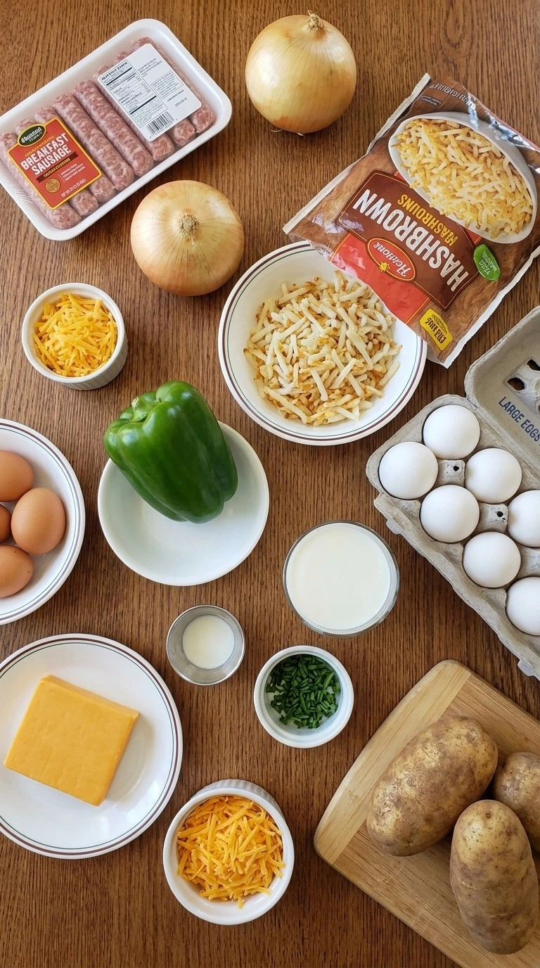 Crockpot Breakfast Casserole ingredients with eggs hashbrowns sausage and cheese Recipe focus: tater tot breakfast casserole.