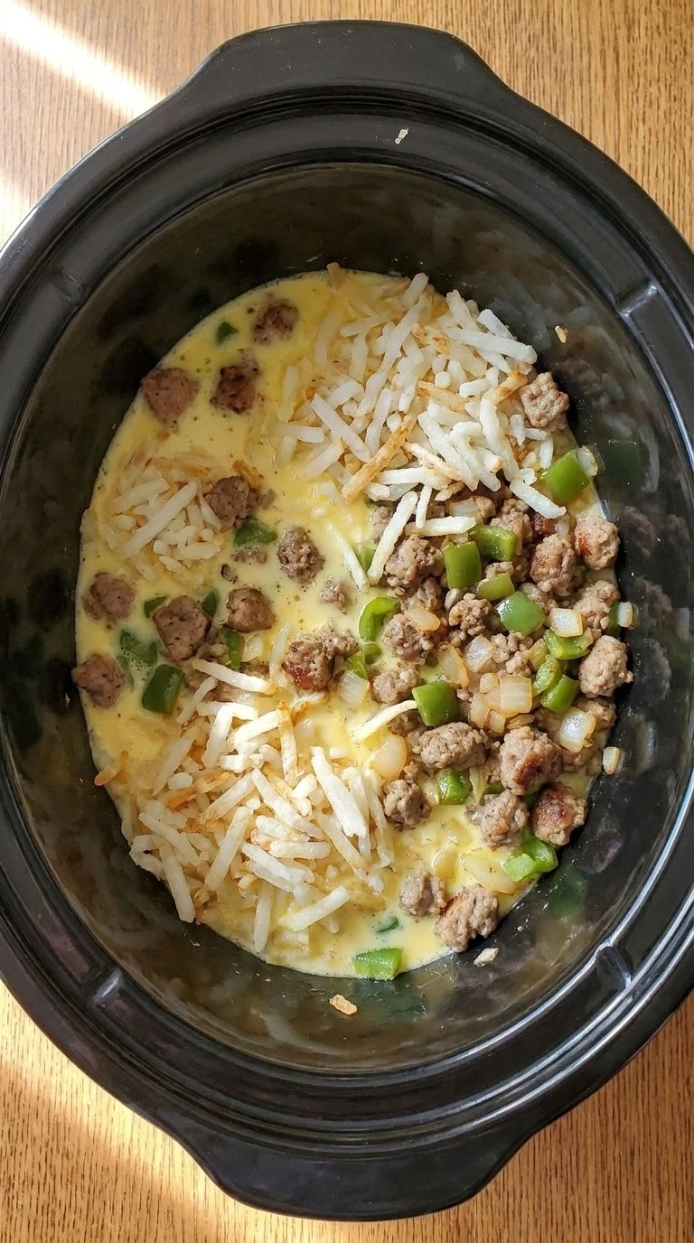 Crockpot Breakfast Casserole layers with hashbrowns eggs and sausage Recipe focus: breakfast casserole with hashbrowns.