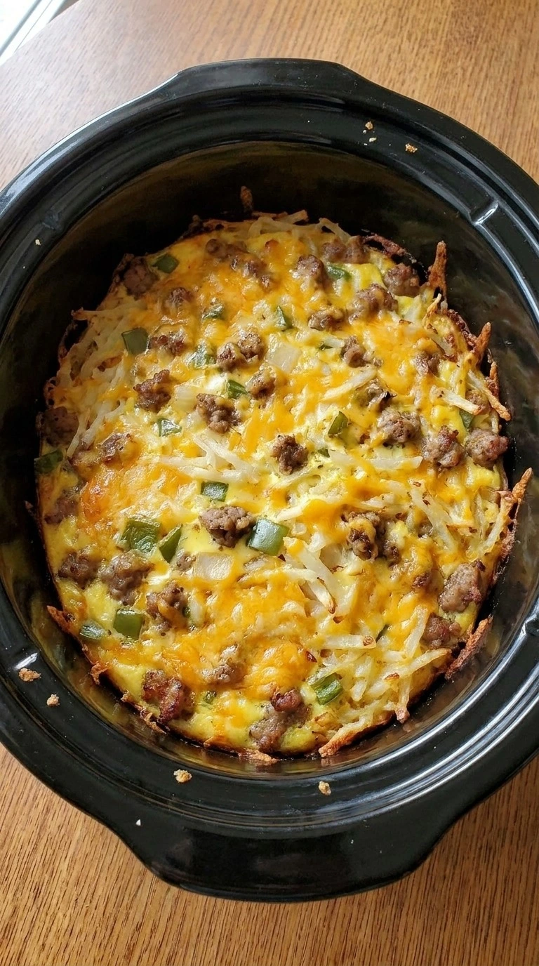Crockpot Breakfast Casserole slow cooking with melted cheese and set eggs Recipe focus: breakfast casserole with hashbrowns.
