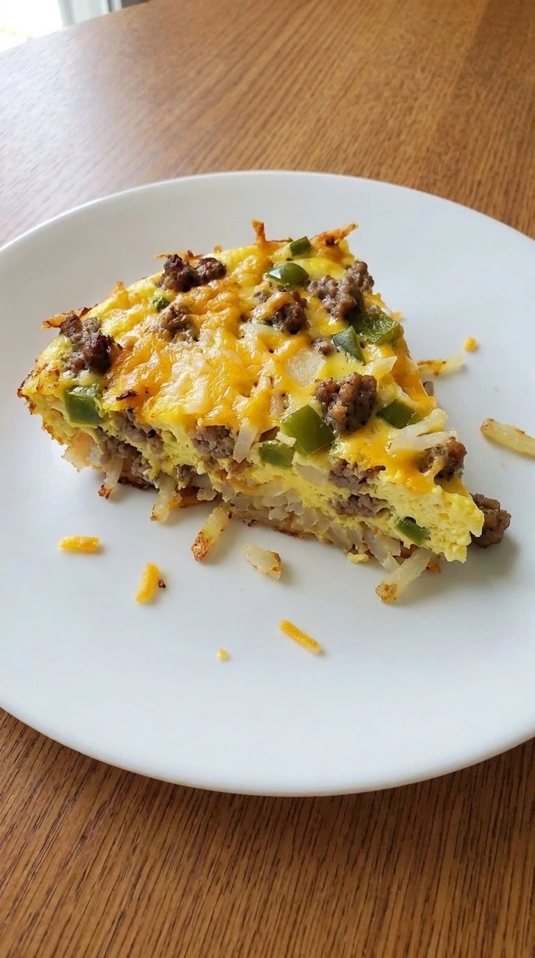 Crockpot Breakfast Casserole slice showing egg layers and melted cheese Recipe focus: easy breakfast casserole.