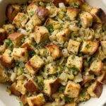 Crockpot Stuffing with golden sourdough bread cubes, tender celery, onions and fresh herbs in a serving dish. Recipe focus: easy crockpot stuffing.