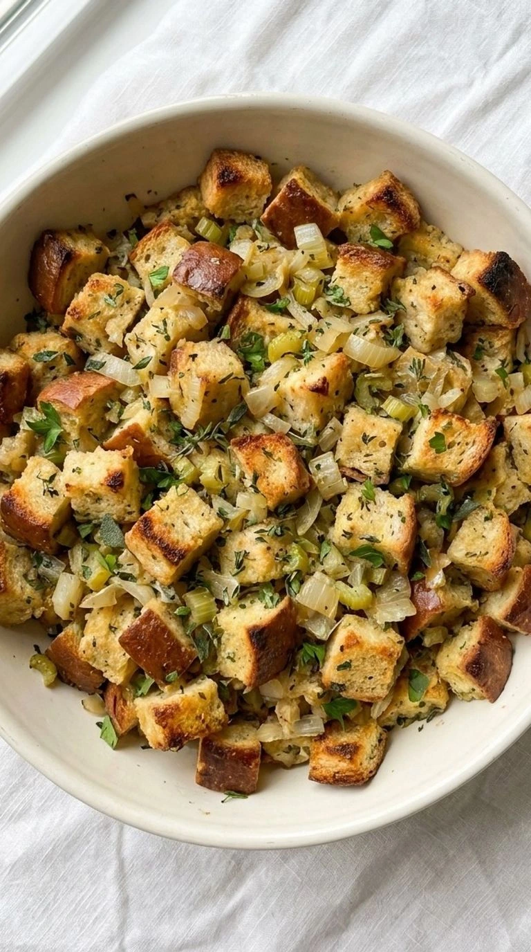 Crockpot Stuffing with golden sourdough bread cubes, tender celery, onions and fresh herbs in a serving dish. Recipe focus: easy crockpot stuffing.