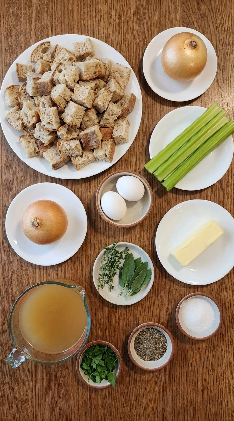 Crockpot Stuffing ingredients including sourdough bread, celery, yellow onion, butter, eggs, chicken broth and Recipe focus: thanksgiving crockpot stuffing.